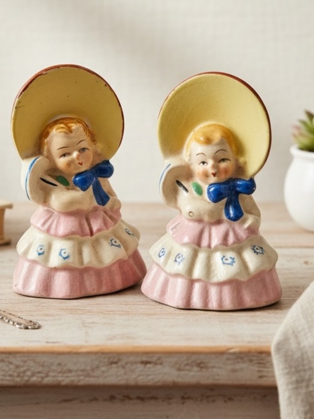 Vintage Made in Japan Lady Bonnet Figural Salt & Pepper Shakers